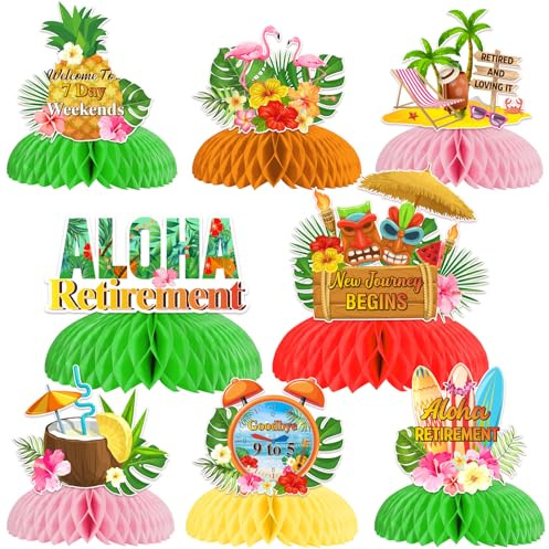 Aloha Ruhestandsparty-Dekorationen – 8 tropische Wabenaufsätze, Strandthema, Ruhestandsparty-Dekorationen, Flamingo, tropisch, hawaiianisch, Luau, Happy Retirement, Abschied, Partyzubehör