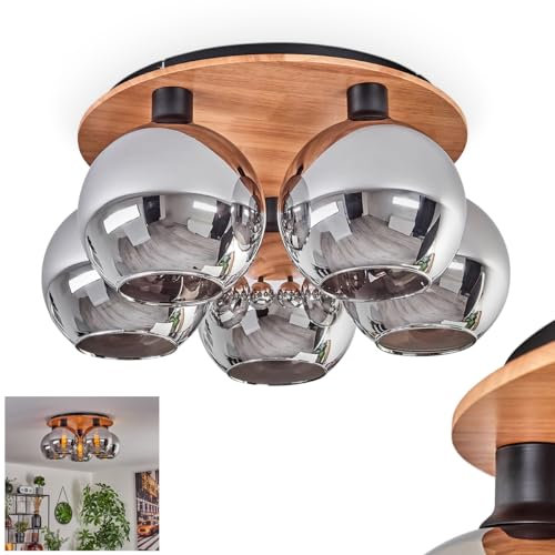 Deckenleuchte Koyoto, Deckenlampe aus Metall/Holz/Glas in Schwarz/Natur/Chromfarben, Leuchte im Retro/Vintage-Design mit Schirmen aus Glas (Ø 20 cm), 5 x E27, ohne Leuchtmittel