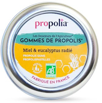 PROPOLIA - Bio - Gommes de Propolis, Miel & Eucalyptus - Apaise la gorge, dégage le nez et rafraîchit l’haleine - Complément alimentaire - 100% naturel - Sans sucre - Fabriqué en France - 45 g