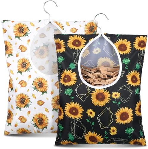 Woanger 2 Pcs Clothes Pin Bag Clothespin Holder 15 x 11 in to Hang on Line Clothes Pin Hanging Bag for Clothesline Outdoor Storage Organizer Basket with Large Opening(Sunflower Style)
