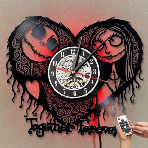 Christmas Vinyl Record Wall Clock With 7 Colors LED Remote Control - Nightmare Themed Silent Clock for Birthday, Halloween, Living Room, Bedroom, Kitchen, Office Decor