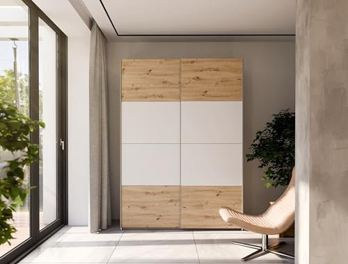 möbelando Schiebetürenschrank >Schach&MATT 2< in Weiss/Artisan Eiche - 150,1x210,5x61,2cm B/H/T