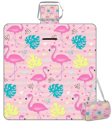 Mularoka Picknickdecke mit Cartoon-Flamingo-Palmenblättern, wasserdicht, sanddicht, faltbar, Stranddecke, 150 x 145 cm, extra groß, tragbar, waschbar, Outdoor-Matte für Camping, Park, Gras, Wandern,