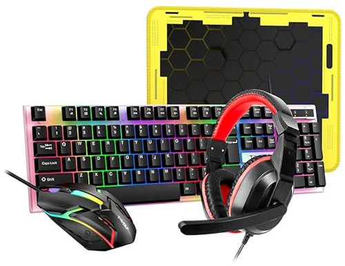 YIWEOG Combo de auriculares con teclado y ratón para juegos, con alfombrilla para ratón, con cable, colorido, retroiluminado, de alta velocidad de movimiento, 1000, auriculares para juegos con micrófo