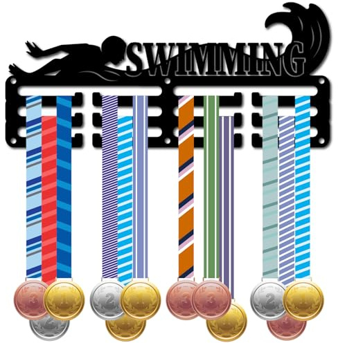 CREATCABIN Medaillenhalter Schwimmen Medaillenaufhänger Eisen Wandmontage Organizer Für Rennauszeichnungen 3 Leine Separate Haken Medaillenbänder Präsentationsständer Für Athleten Gewinner 29x13cm