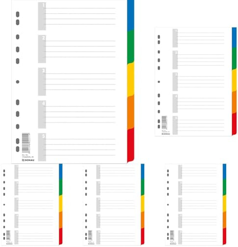 DONAU Register/Trennblätter aus Buntem stabilem Öko PP DIN A4 225x297mm, 11-fach gelocht, für die Ordner-Organisation im Büro (Packung mit 5)