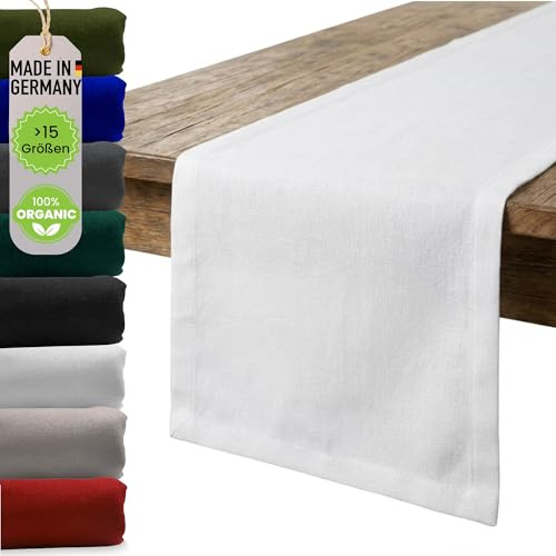 chambry Premium Tischläufer 100% Baumwolle (Canvas) - Handarbeit Made in Germany - nachhaltige hochwertige Tischdekoration - Weiß 30cm x 140cm