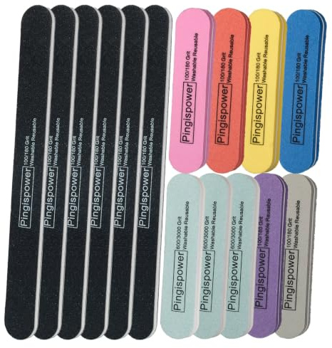 Pingispower Nagelfeilen und Puffer (15er-Pack), professionelle wiederverwendbare Nagelfeile und Pufferblock für Natur-/Acrylnägel, Körnung 100/180 & 600/3000, doppelseitiges Nagelpflegeset für Damen