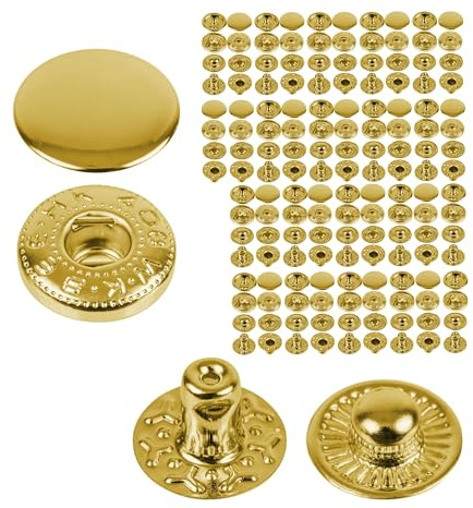 Näh-freie Druckknöpfe, Ø 15 mm, 20 Paare, in Golden, Set ohne Werkzeug, Stoffclips für DIY, Druckknopf mit Ringfeder Verschluss, Reparatur Metall Knöpfe, Ersatz Knopf Nähzubehör, Ringfederdruckknopf