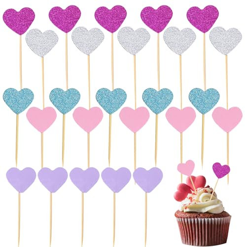 50 adornos para magdalenas con forma de corazón, decoración de tartas, decoración de tartas, para bodas, cumpleaños, día de San Valentín, decoración para fiestas, suministros (multicolor)