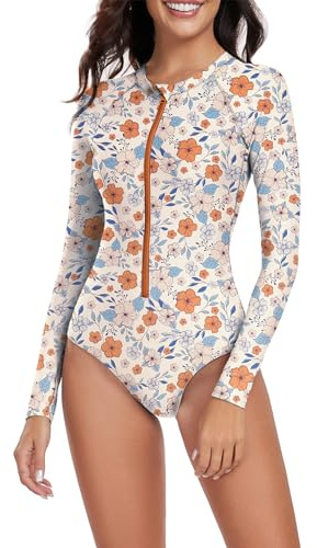 Zando Womens Long Sleeve Swimming Costume UPF 50+ Zip Up Rash Guard Swimsuit One Piece Floral Surf Bathing Suit for Beach Pool Holiday, Orange Print, S
