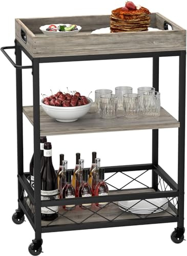 OPULENTHOME Chariot de service avec roulettes, chariot de bar avec plateau amovible, table d'appoint avec roulettes, verrouillable, main courante pour cuisine et bar