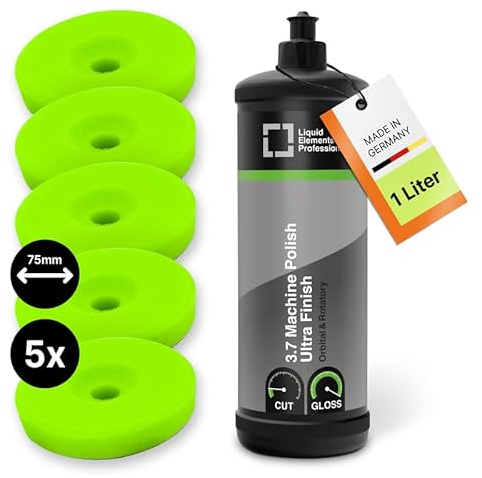 Liquid Elements Autopolitur Ultra Finish 1L, inkl. 75mm Pad | Polierpaste für Autolacke, Lackaufbereitung Komplettset, Centriforce V2 Polierschwamm, ideal für alle Poliermaschinen