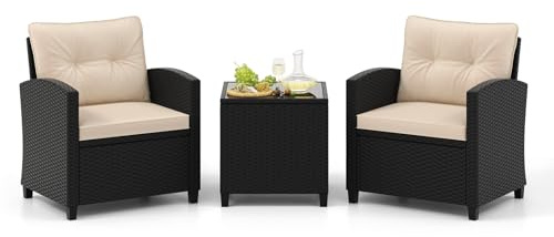 COSTWAY 3-TLG. Rattan Gartenmöbel Set, Balkonmöbel mit Kissen, 2 Stühlen und Tisch, Polyrattan Balkonset, Terrassenmöbel, Gartengarnitur, Sitzgruppe für Terrasse, Balkon, Garten (Beige)