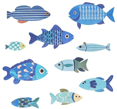 OT-NVWOZR 10pcs Wooden Fish Wall Decor, Vintage Bathroom Wall Art Ornaments, Hanging Coastal Nautical Beach Decoration, Wood Fish Wall Sculpture for Home Lake House Ocean Bathroom Decor