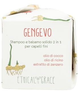 Ethical Grace - Gengevo - Shampoo e Balsamo Solido 2 in 1 Vegano Naturale per avere Capelli Voluminosi e Leggeri con Estratto di Zenzero, Olio di Cocco, Olio di Ricino e Proteine del Grano 90 gr