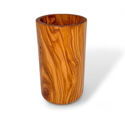 Handmade Olive Wood Utensil Holder 15cm Natural Kitchen Organizer Cutlery Storage Rustic Pencil Pot Decorative Eco-Friendly Gift for Home Office Dining Table Rustic Style