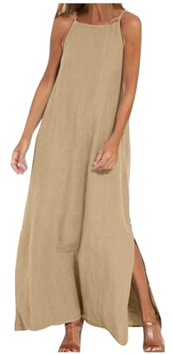 Vestido midi de algodón y lino para mujer, vestido de verano casual sin mangas con bolsillo, vacaciones, tirantes delgados, dobladillo con abertura, vestido de verano para mujeres pequeñas, caqui, XL