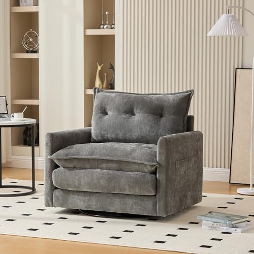 Lexiou Sillón de salón giratorio 360° con reposabrazos, sofá individual grande para salón, dormitorio, estudio y oficina, sillón de estilo moderno con cojines (gris)