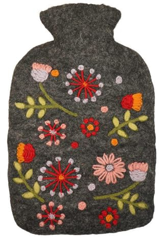 Pachamama Handgefilzter 100% Wärmflaschenbezug und 2-Liter-Wärmflasche, Blumenstickerei, mehrfarbig, handgefertigt, Fair-Trade, mehrfarbig