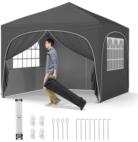 GOPLUS 3x3 M Carpa Pop up con 1 Pared Lateral, Cenador de Jardín Desmontable al Aire Libre con Bolsa de Ruedas, 4 Sacos de Arena, 4 Cuerdas, 4 Anclajes, 8 Estacas, Pabellón para Fiestas (Gris)