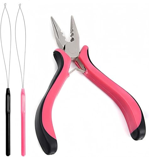3Pcs Professional Hair Extension Tools, Hair Extension Plier and 2 Loop Threaders, Nano-Bead Tool for Easy Hair-Extension and Removal Tool