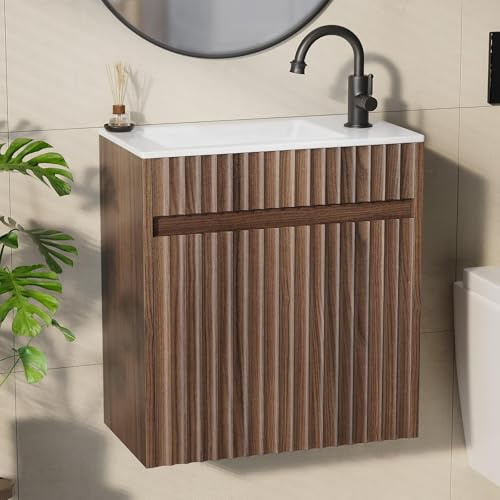 Bonnlo Mueble Baño con Lavabo, Conjunto Muebles baño con Lavabo Mueble Suspendido en Pared con Lavabo Cerámico, 46 x 26 x 51 cm, Color Nogal