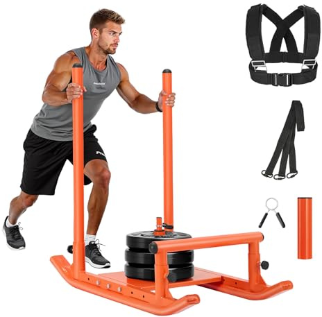VEVOR Weight Sled, Fitness Strength Training Pull Push Running Sled, Fitness Workout Sled Push Gym Equipment, with Handle, Compatible 1/2 in Weight Plates, Orange, Football Sleds and Chutes