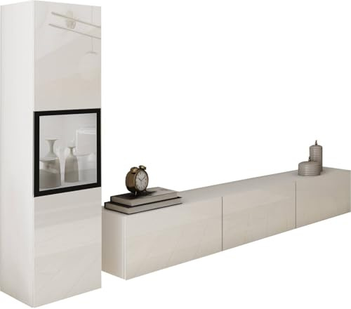 Conjunto de Muebles de salón Berlin I, Juego de Muebles de salón, Mueble TV 180 cm, iluminación LED Opcional, Diferentes Acabados, Muebles de salón Modernos (Blanco/Blanco Brillo LED)