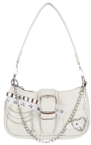 Aulenge Borsa a Spalla in Pelle per Donne Borsetta con Motivo Catena Stella Y2K Ragazze Cool e Sensazionali Mini Borse in Pelle PU per Donne Bianco
