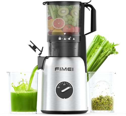 FIMEI Extracteur de Jus, Extracteur de Jus de Fruits et Légumes Entiers avec Grande Ouverture de 135mm Slow Juicer, Rendement Élevé, Facile à Nettoyer, Sans BPA, avec 2 Verres, Base en inox