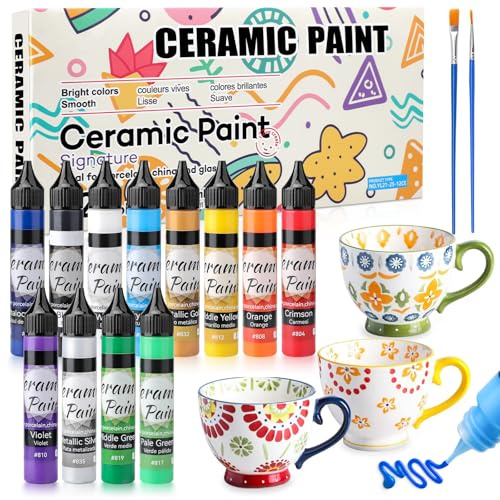 Hcunbsu Porzellanfarbe Spülmaschinenfest, 12x25 ml, with 2 Pinselstift, Porzellanstifte Wasserfester, Keramik Bemalen Set, Geeignet zum Malen von Mustern auf Porzellan, Glas und Keramik