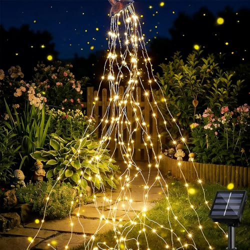 Solar Lichterkette Aussen 1M 100 LED Lichterschweif,8 Modi Wasserfall Solar Lichterkette,Wasserdichte LED Lichterstrang,Kleine Solar LED Lichterkette Outdoor,Wasserdichte Gartendeko für Draußen
