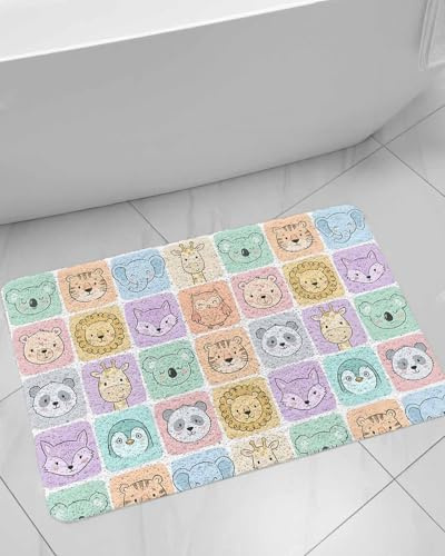 Cartoon Animals Shower Mat Non Slip Bathtub Mat Tiger Koalas Elephant Lion Foxes Color Plaid Bath Mat Soft Loofah Shower Mats for Shower Tub Bathroom Quick Drying Foot Mat, 16x24 Inch