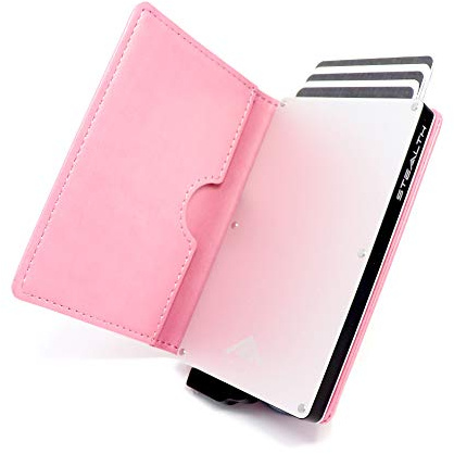 Stealth Wallet – Minimalistische Schlanke Leichte Pop-Up Kartenhalter – Kontaktlos Geschützte Sichere Smart Card-Halter Geldbörsen (Silber mit Rosa Leder)