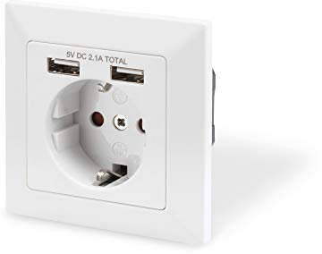 DIGITUS - Presa con contatto di protezione, 2 USB, USB Ges. Potenza 5 V 2,1 A, ingresso: AC 250 V 50 Hz, RAL 9003 bianco., (DA-70613)