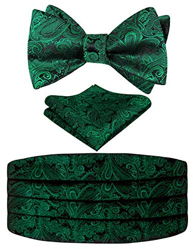 Alizeal Mens Classic Paisley Woven UNTIED Adjustable Bow Tie, Cummerbund and Pocket Square, Dark Green