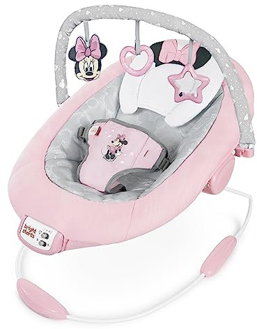 Bright Starts MINNIE MOUSE Seggiolino Comodo Vibrante per Neonati - Musica, Barra Giocattoli Rimovibile, 0-6 Mesi Fino a 9 kg (Rosy Skies)