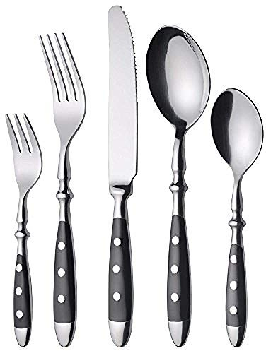 Tableware Set, 30 piece Stainless Steel Cutlery Set with Black Handle and Rivet Design