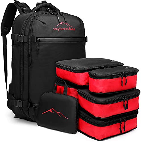 Wayfarers Lane Reiserucksack CARRIER - All-In-One - 8 in 1 Set - Carry On Handgepäck inkl. 5 Packing Cubes, Falt-Rucksack, Schuh- & Powerbankfach - 40l + 20 Liter, geeignet als Boardgepäck