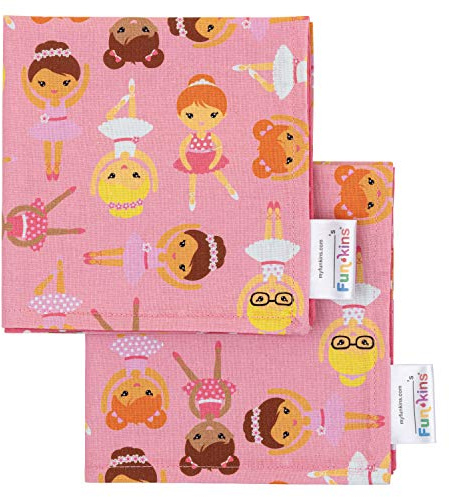 Funkins Reusable Cloth Napkins for Kids | 12”x12”, 2-Ply, Thick, Absorbent, Durable | Machine Washable | Name Tag | Soft Cotton Fabric | Great for School Lunchboxes | Set of 2 Napkins (Ballerinas)