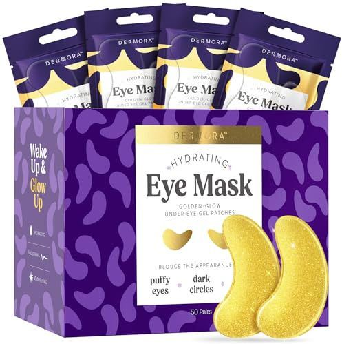 DERMORA Golden Glow Under Eye Patches | Rejuvenating Treatment | Dark Circles, Puffy Eyes, Refreshing, Revitalizing, Travel, Wrinkles | 50 Pairs Eye Gels