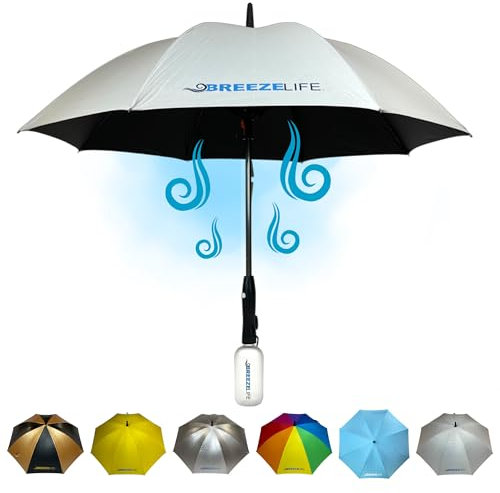Gray Umbrella with Fan and Mister. A portable misting fan that blocks 99.9% of all UVA and UVB rays. Personal outdoor sun protection at festivals, beach, golf or other sports activities.
