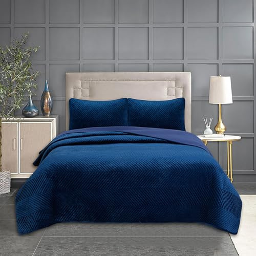 XIUWOUG Tagesdecke Bettüberwurf 230X250cm Baumwolle, Gesteppte Steppdecke Mit Blauer Plüschstickerei, Pflegeleichte Sofaüberwurf Gesteppte Mit 2 Kissenbezüge,Blau,230x250cm