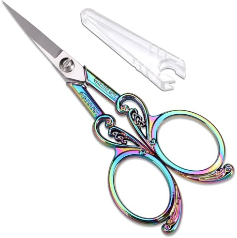 YOUGUOM Detail Embroidery Scissors – Small Sharp Pointed Tip Shears for Sewing, Craft, Artwork, Needlework Yarn, Thread Snips, Handicraft DIY Tool, 4.5in Rainbow Vintage Style