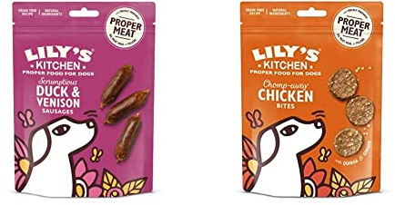 Lily's Kitchen Scrumptious Duck and Venison Sausages Dog Treat (8 x 70 g) & Dog Treats Chomp-Away Chicken Bites (8 x 70 g)