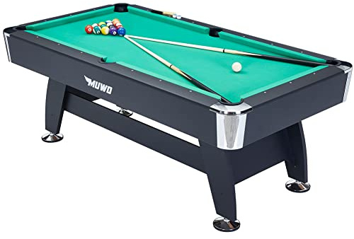 MUWO Winner Gold Billardtisch inkl. einem Satz Kugeln, mit Aufbaudreieck, 2 Queues, mit Kreide und einer Bürste. Tisch im Original-Stil mit den Maßen 214 cm x 112 cm x 81 cm und einem Gewicht von 95 kg