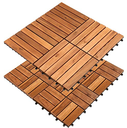 Herrselsam Lot de 55 dalles de sol en bois d'acacia, 30 x 30 cm, 5 dalles de terrasse de 5 m², revêtement de sol pour balcon, 12 lattes