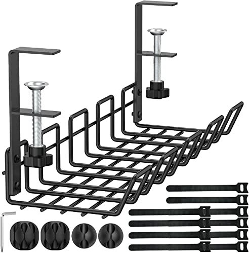 Mokani Cable Management Under Desk Tray No-Drill Wire Organiser Clamp for Cables and Power Strips Storage Metal Basket for Office Home Standing Desk, Black