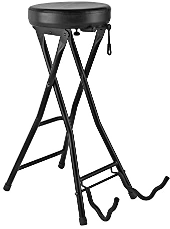 Gearlux Foldable Guitar Stool with Padded Seat, Built-in Guitar Stand, and Molded Cradles for Acoustic, Electric, and Bass Guitars; Seat Height of 30 Inches